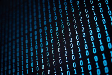 Mavi birler ve sıfırlar bilgisayar ekranında. Veri, bilgi