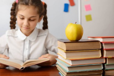 Sınıfta çalışan neşeli bir öğrenci. Küçük kız kitap okuyor, ders çalışıyor, derslere hazırlanıyor.