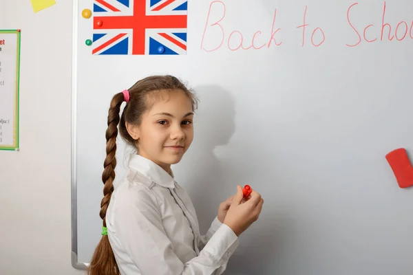 Pretty Young Learner Writing Whiteboard Lesson Czech Language Union Jack — Stock fotografie