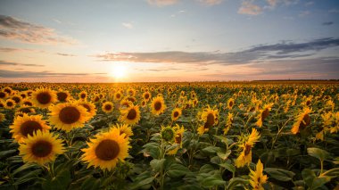 Büyük tarlada yanan güneşin altında altın ayçiçeği manzarası