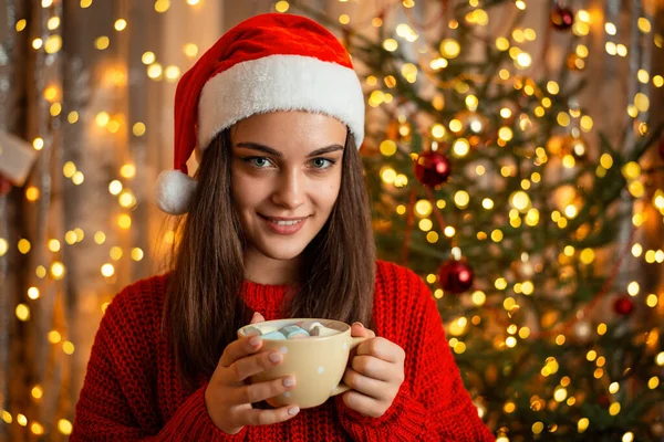 모자를 매력적 소녀와 마시멜로를 코코아 스웨터 크리스마스 — 스톡 사진