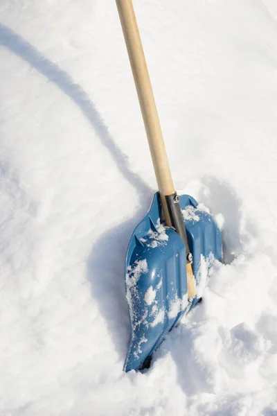 裏庭で雪を掃除した後の雪のドリフトで雪のシャベル — ストック写真