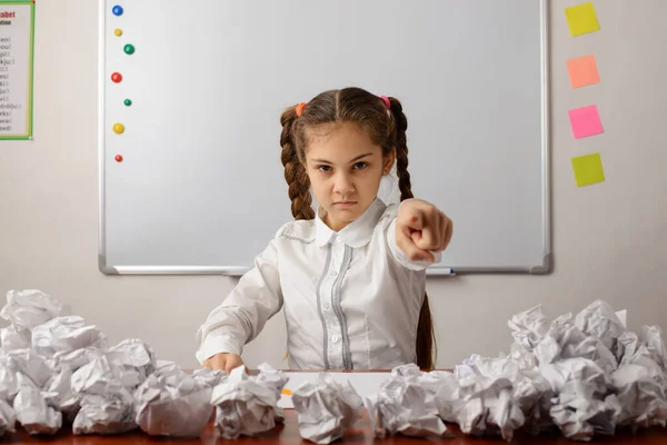 Angry Girl Classroom Pointing Camera Concept Madness Disgusting Lack Inspiration — Stock Photo, Image