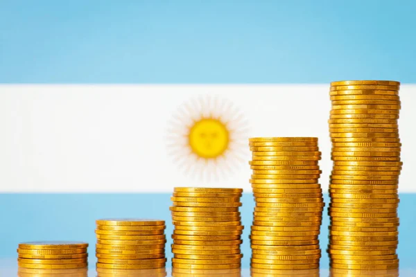 Golden Coins Forming Increasing Graph Background Argentina Flag Financial Increase — Stock Photo, Image
