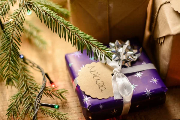 Christmas Composition Many Gift Boxes Christmas Tree Blurred Background — 스톡 사진