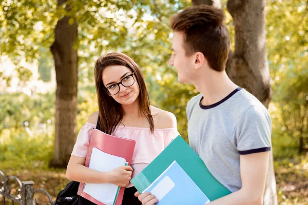 Manliga Och Kvinnliga Studenter Samtalar Utomhus Parken Efter Lektionerna Kvinnlig — Stockfoto