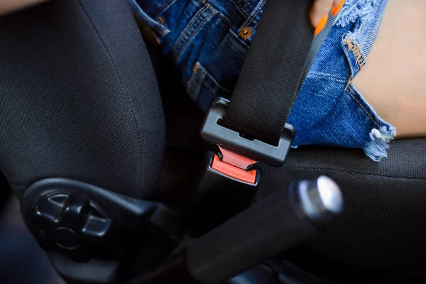 Girl Fastened Seat Car Safety Belt Car — ストック写真