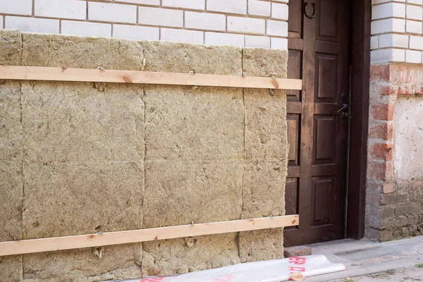 Insulation Outdoor Brick Wall House Fiberglass — Fotografia de Stock