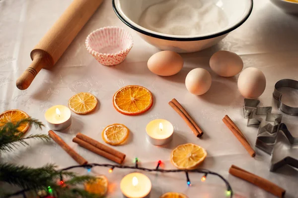 Some Eggs Cake Forms Rolling Pin Table Baking Christmas Bread — Fotografia de Stock