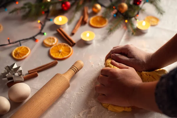 Hands Woman Making Dough Biscuits Gingerbread Cookies Kitchen Different Christmas — Fotografia de Stock