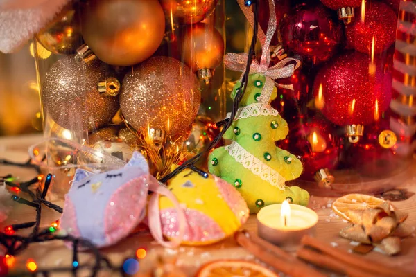 Handmade Christmas Tree Decorations Wooden Table Many Baubles Background Festive — Stockfoto