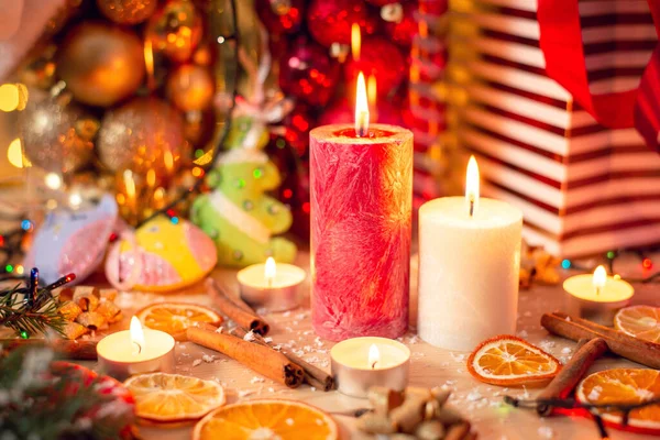 Big Red White Candles Table Beautiful Christmas Decorations Sticks Cinnamon — Foto Stock
