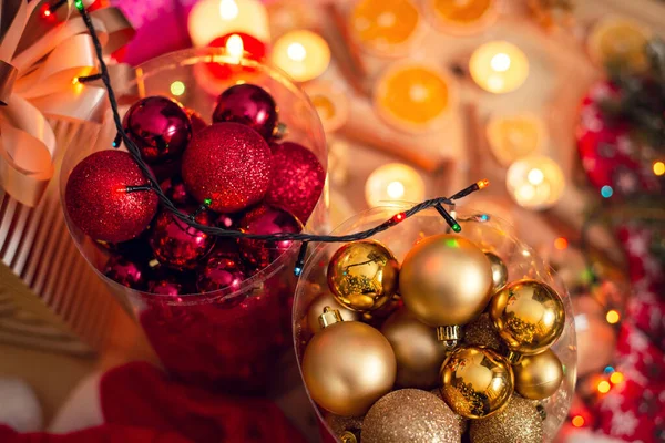Red Golden Shiny Balls Christmas Trees Packages Table Festive Mood — Stockfoto