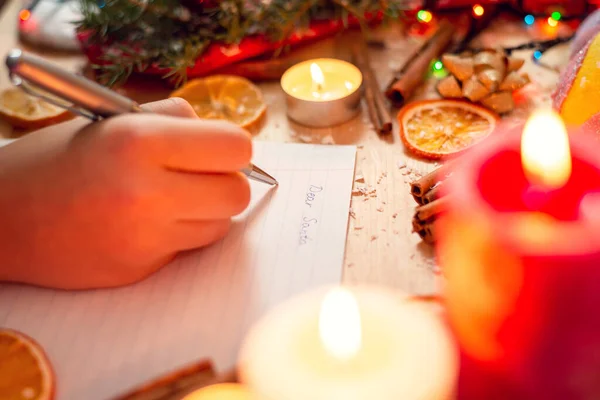 Hand Young Girl Writing Letter Santa Ask Him Presents Festive — Foto Stock