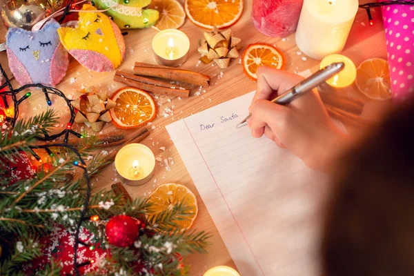 Top View Girl Writing Letter Santa Waiting Christmas Miracles Festive — ストック写真