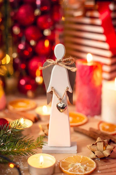 Wooden Angel Burning Candles Christmas Decor Fir Tree Balls Table — Foto Stock