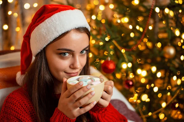 Pretty Girl Holding Cup Cocoa Marshmallow Smiling Looking Camera Christmas — Stock fotografie