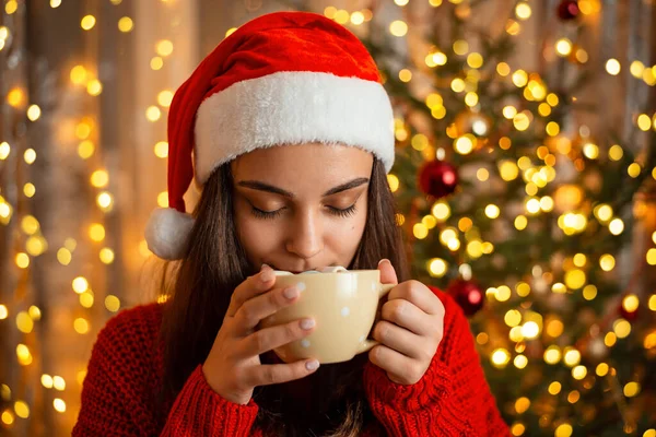 크리스마스 모자를 채뜨거운 초콜릿을 마시고 아름다운 배경에는 전나무 있었다 — 스톡 사진