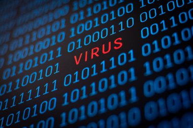 Binary code of 1 and 0 digits with a word Virus in the middle. Concept of computer virus, digital security, program error