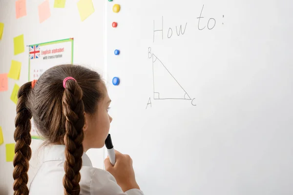 Caucasian Secondary School Learner Doing Geometrical Task Board Thinking Pythagorean — Zdjęcie stockowe