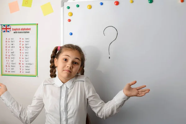 Bewildered School Girl Doesn Know Answer Question Stretching Her Hands — 스톡 사진