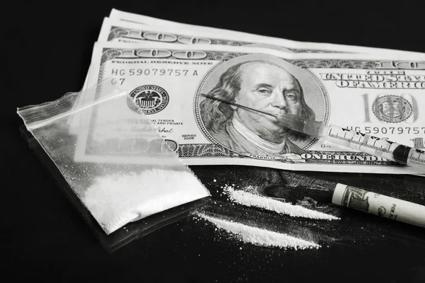 Black White Picture Cocaine Rows Dollar Bills Drugs Dealer Taking — Stok fotoğraf