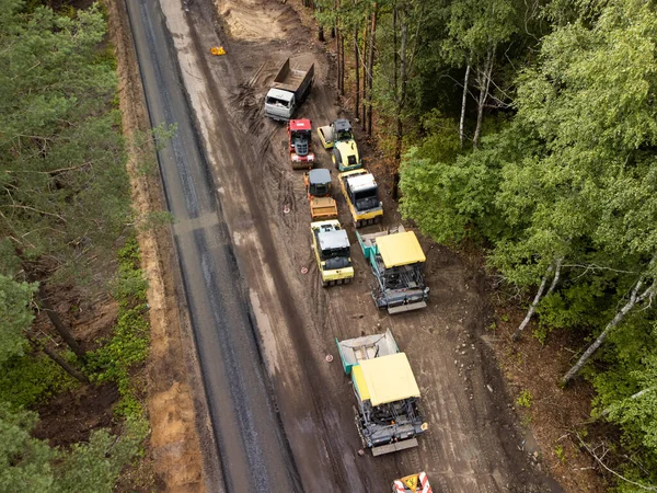 Road Construction Machines Sideroad Aerial Photo New Incomplete Road Countryside — Stock fotografie