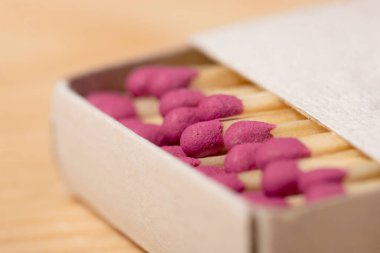 White matchbox with new redheaded matchsticks inside. Macro shot in studio on light wooden table as background.