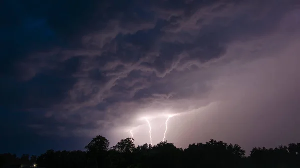 Three Thunder Lightnings Trees Night Dramatic Photo Lightnings Rain — Stockfoto