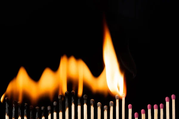 Row Matches Making Graph Black Background Isolated Bright Fast Fire — Foto Stock