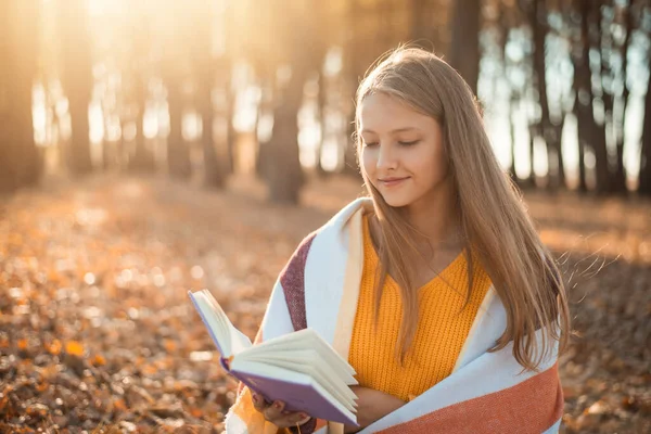 Young Blond Girl Reading Book Sitting Bench Autumn Park Bright — Fotografia de Stock