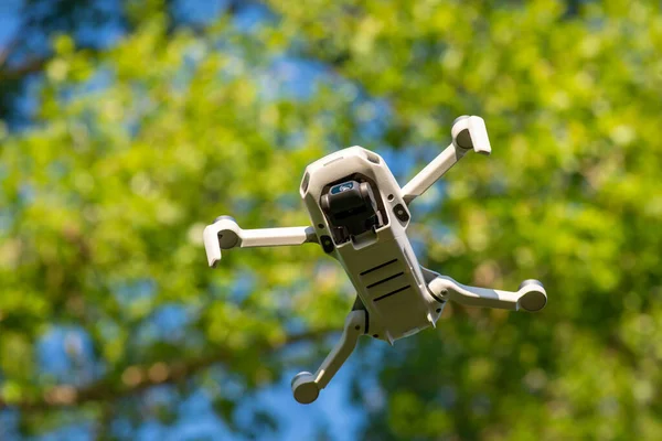 Bottom View Little Drone Green Trees Modern Technology Aircraft Filming — 스톡 사진