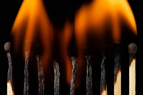 Matches Bright Yellow Fire Close Black Background Burning Matchsticks Turn — Stock Photo, Image