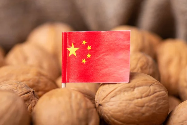 Close Photo Flag China Walnuts Harvest Walnuts China — Stok fotoğraf