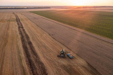 Aerial view of combine loading grain to the truck for transporning harvest to storage