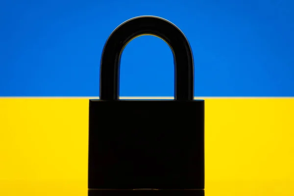 Flag Ukraine Black Lock Foreground Closed Country Restrictions Concept — Foto de Stock