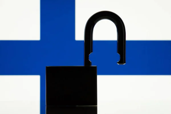 Silhouette Open Lock Background Flag Finland Open Borders Country Hospitality — Stok fotoğraf