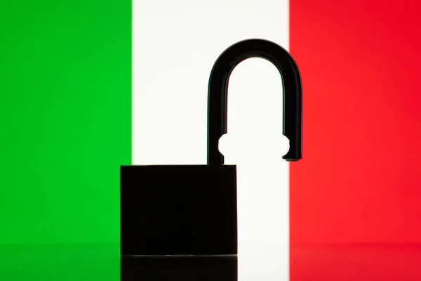 Silhouette of open lock on the background of flag of Italy. Open borders of the country, hospitality, travel concept