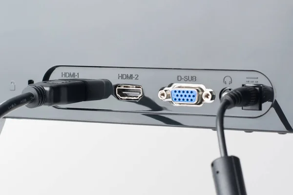 Panneau Arrière Moniteur Avec Différents Ports Les Câbles Hdmi Alimentation — Photo