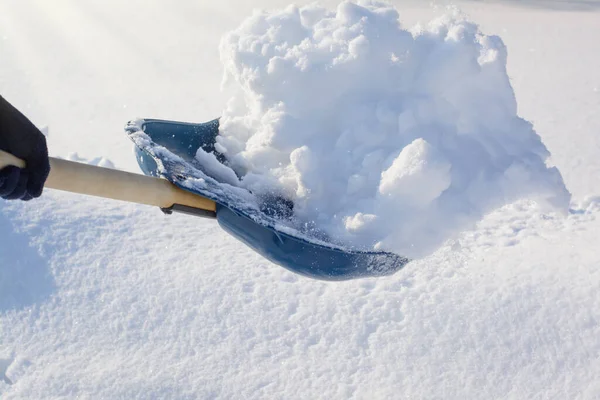 Man Håller Snö Avlägsnande Spade Med Snö Medan Rengöring Bakgård — Stockfoto