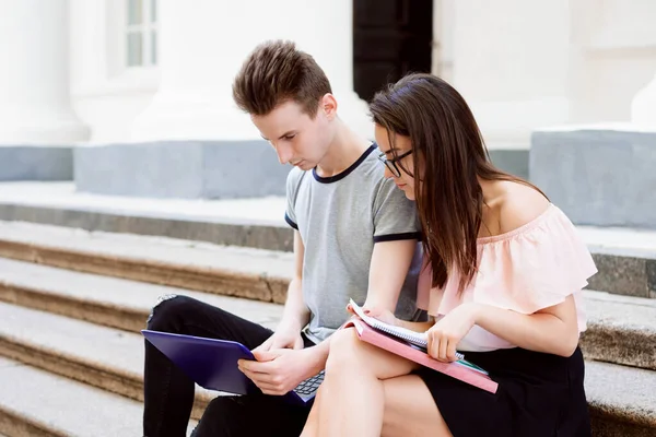 Üniversite Öğrencileri Merdivenlerde Birlikte Oturuyorlar Violet Modern Dizüstü Bilgisayar Kitaplarla — Stok fotoğraf