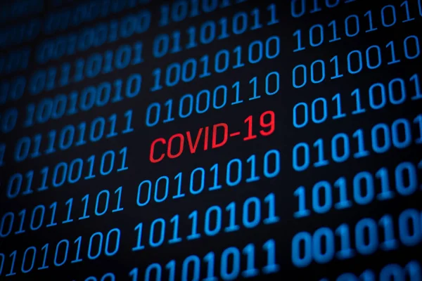 Coronavirus outbreak. Covid-19 inscription in binary code of data on computer screen. Concept of influence of coronavirus pandemic on every spheres of life