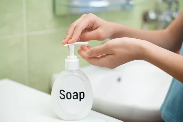 Hygiene Concept Girl Takes Liquid Soap Washing Hands Bathroom — Stock Photo, Image