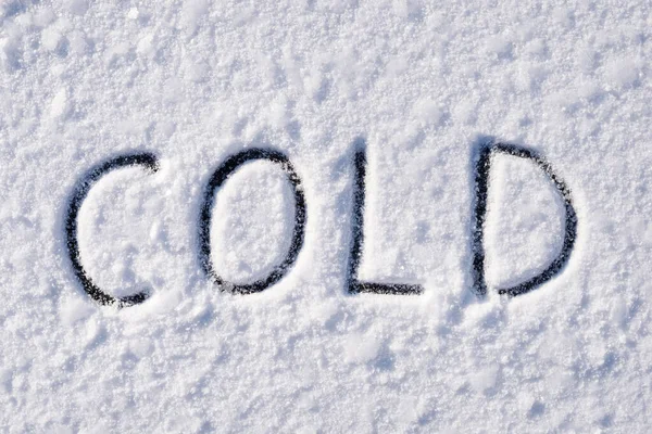 Zimny Napis Śnieżnej Powierzchni Wzorami Mrozu Zima Zimny Symbol — Zdjęcie stockowe