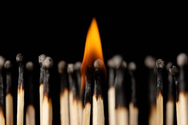 Yanaşmış birkaç kibrit, üstlerinde küçük bir ateş tutuyorlardı. Toplumu simgeleyen bir sürü yanmış güvenlik eşleşmesi var..