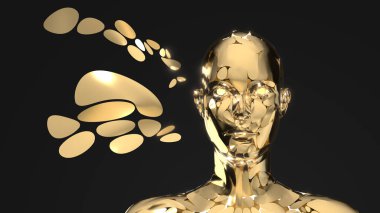 Kadın altın rengi metal yüz portresi bilim kurgu 3D illüstrasyon 3D özet desen