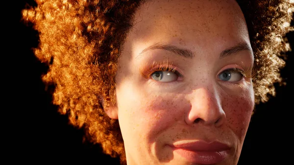 Piękna Kobieta Model Zbliżenie Afro Fryzury Piegi Uśmiechnięty Realistyczny Renderowania — Zdjęcie stockowe