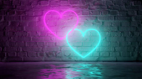 Pink Blue Valentine Neon Hearts White Painted Brick Wall Refleksja — Zdjęcie stockowe