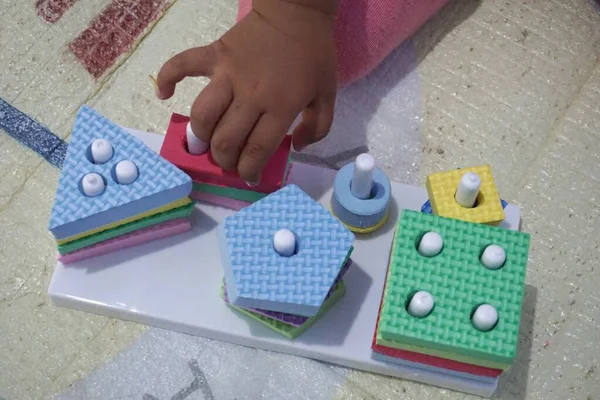 Child Hand Playing Montessory Toys Geometry Puzzle Montessori Method Education — Stock Photo, Image