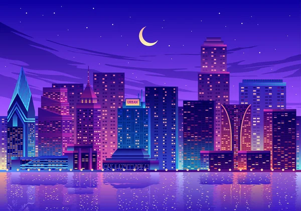 Night City Water Reflection Landscape Illustration